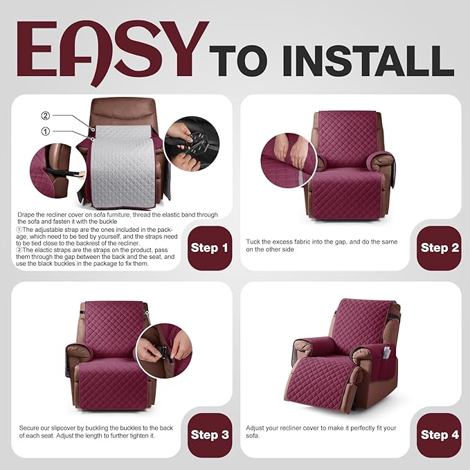 KinCam 100% Waterproof Recliner Chair Cover, Reclining Couch Covers for Pets, Dogs, Recliner Couch Slipcover Furniture Protector with Elastic Straps for Kids(28", Burgundy)