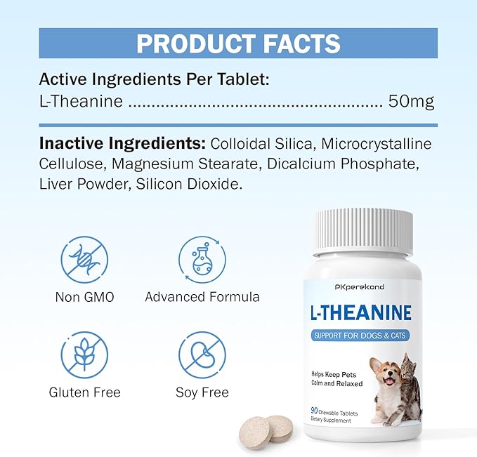 L-Theanine Supplement for Dogs and Cats, 50mg, 90 Chewable Tablets, Helps Keep Pets Calm & Relaxed