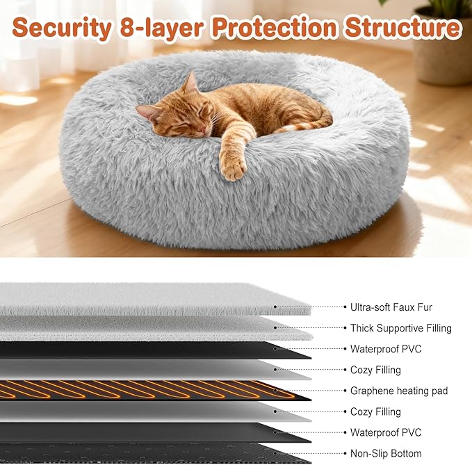 Heated Cat Beds for Indoor Cats and Small Dogs, 24'' Heated Pet Bed with Timer and Temp Adjustable, Cozy Fluffy Round Calming Pet Beds Removable Washable Cover USB Electric Warm Cat Bed- Light Gray