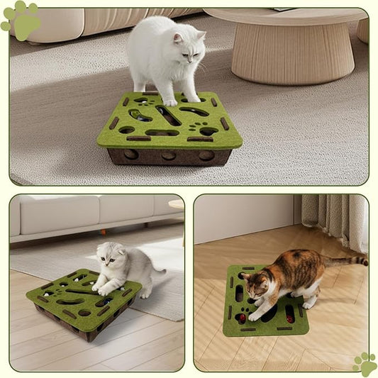 Interactive Soft Felt Cat Puzzle Toy with Ball and Bell,cat Nail File Enrichment Box,Cat Toy Box for Indoor Cats and Kittens,Indoor Hunting Play Toy (Green)