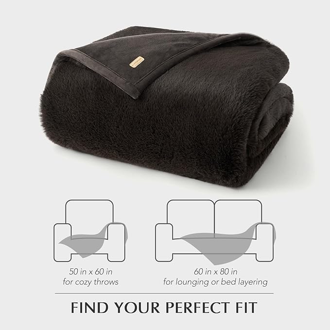 EVERGRACEHOME Luxury Soft Faux Chinchilla Fur Throw Blanket for Couch, Warm Thick Heavy Winter Throw Blanket 1220GSM for Bed, Fluffy Cozy Mink Blanket with Reversible Velvet, Espresso Mink, 50"x60"