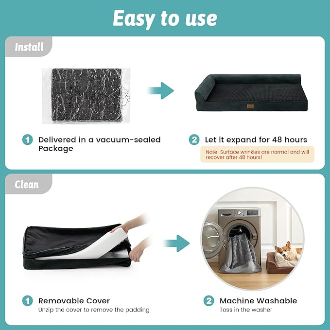 COZY KISS Orthopedic Dog Bed for Extra Large, XXL Dogs Bed, L Shaped Foam Anti-Slip Bottom Giant Pet Cat Sofa with Washable Cover, Suitable for Pet Up to 150 lbs, 48x35x8 inch, Black 