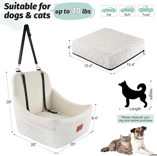 Lealchum Dog Car Seat for Medium Dogs Up to 40lbs,Easy to Install with Adjustable Straps,Anti-Slip Base,Fully Detachable and Washable,Soft Fabric Fill in Memory Foam,2 Side Pockets(Beige,Medium)
