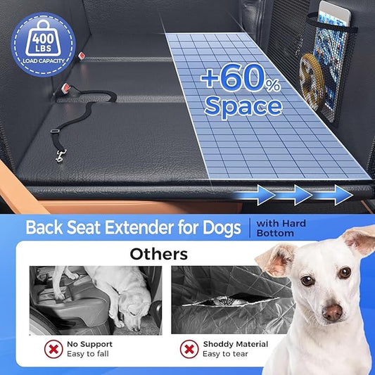 HOB4U Back Seat Extender for Dogs, Hard Bottom Dog Car Seat Cover for Truck Back Seat, Upgraded PU Leather Dog Hammock for Car, Waterproof, Anti Scratch, Larger Space,(Holds 400lbs)