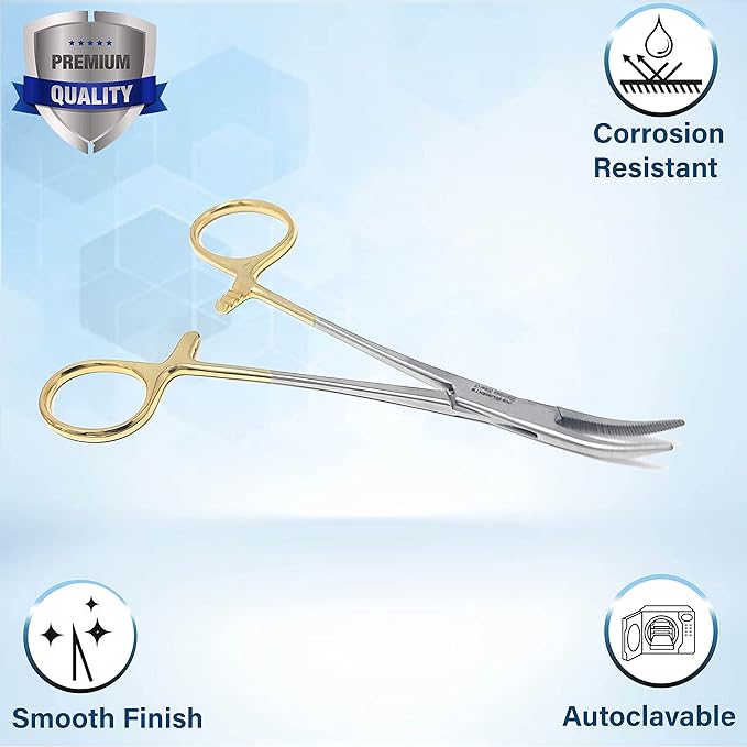 Dog Pet Ear/Nose Hair Puller Grooming Hemostat Locking Forceps Curved Pliers, 5.5" (14cm) Full Serrated Clamps Stainless Steel (Gold Handle)