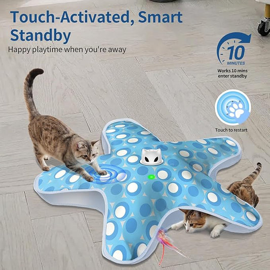 Rechargeable Interactive Cat Toys, Automatic Cat Toy for Indoor Cats, Durable Hide and Seek Cat Toy with Moving Concealed Feathers, Touch Activated Kitten Toys Cat Exercise Toys, Blue White Cover