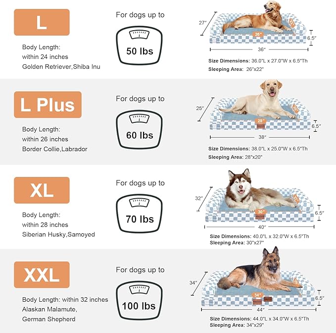 Large Dog Bed Orthopedic Washable: Beds Bolster XXL Bed Big XLarge Dogs Egg Crate Foam Sofa Couch Waterproof Removable Cover - Blue Grid