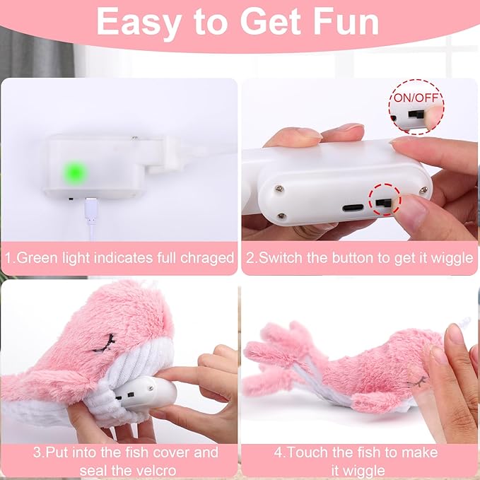 Mity rain 2 in 1 Interactive Dog Toys, Fish Dog Toy to Keep Them Busy, Plush Squeaky Dog Toy, Rechargeable Wiggly Pink Pet Toys for Small Medium Large Dogs, Moving Dog Toy for Indoor&Outdoor