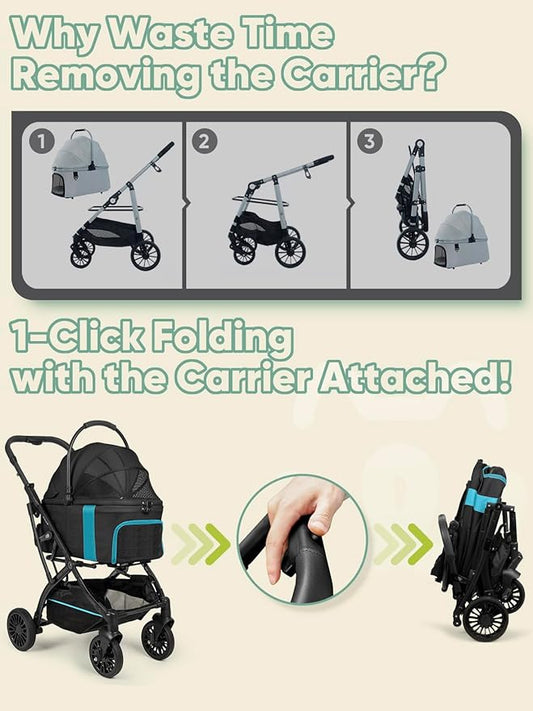 Small Dog Stroller, Pet Stroller for Small Dogs, 5-in-1 Dog Strollers - Fold All in One Without Detaching Carrier, Pet Strollers with Removable Waterproof Carrier for Dogs Cats 10 lbs 20 lbs - Black