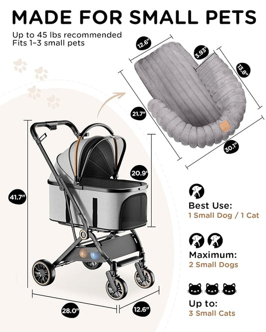 GTPLAYER Pet Stroller with Matching Stroller Mat Set, for Small Dogs and Cats Up to 45 lb, Detachable Carrier, One-Hand Fold, Stroller: Grey, Mat: Grey