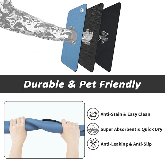 HotLive Dog Food Mat - Absorbent Cat Mat for Food and Water, No Stains Pet Feeding Bowl Mat, Easy to Clean Pet Placemats, Quick Dry Dog Water Dispenser Mat for Messy Drinkers | Paw Blue 12"x 19"