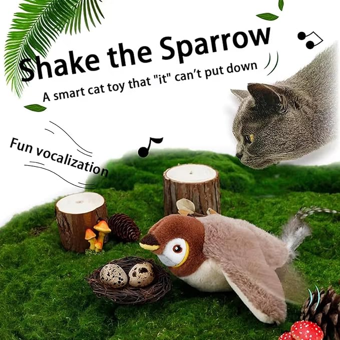 Upgraded Interactive Chirping Bird Cat Toys with Flapping Wings,New Flying Birds Cats Toy, Flying Simulation Electric Sparrow Shaking Hunting Pet Toy for Indoor-Larger (Brown)