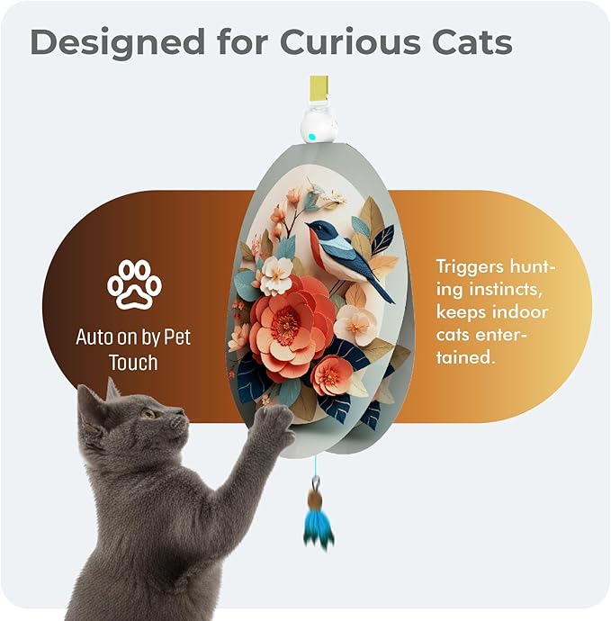 Interactive Cat Toys for Indoor Cats, Automatic Concealed Hide and Seek Hanging Feather Cat Toy, Rechargeable Motion-Activated Enrichment Toys for Bored Adult Cats (Bird & Flowers Pattern)
