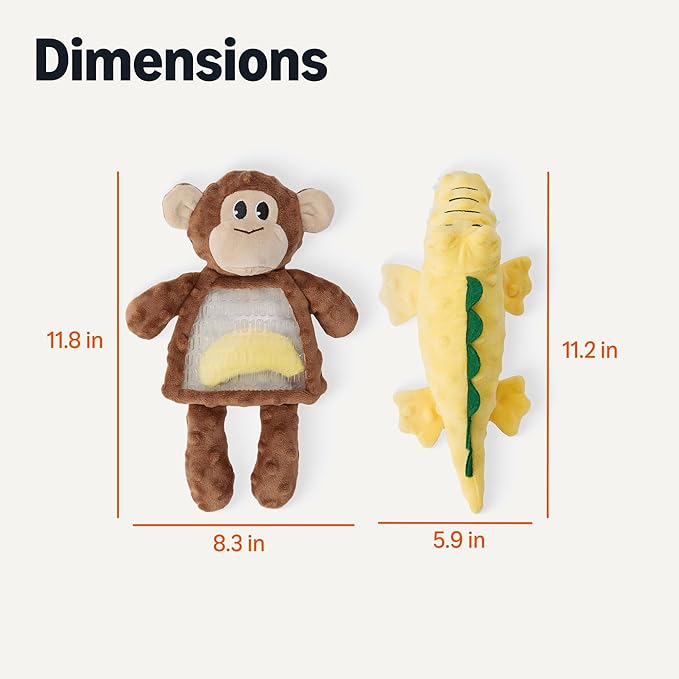 Amazon Basics Dog Squeak Plush Toys, Monkey and Alligator, Interactive, Soft Fabric, Built-in Squeaker, Ideal for Puppies, Small and Medium Dogs, 2-Pack