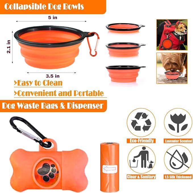 LOBEVE No Pull Dog Harness, Collar & Leash Set | Includes Dog Seat Belt, Collapsible Bowls & Poop Bag Dispenser. Ideal for Training, Walking, Hiking. Fits Small to Large Dogs(Orange-S)