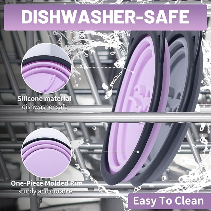 2Pack Silicone Collapsible Dog Bowls, Cute Pet Ear Shape and Cat Graphic Travel Water Bowl Full of Pet Atmosphere 25oz Portable Feeder for Small Large Dog Walking Hiking Camping (Purple and Grey)