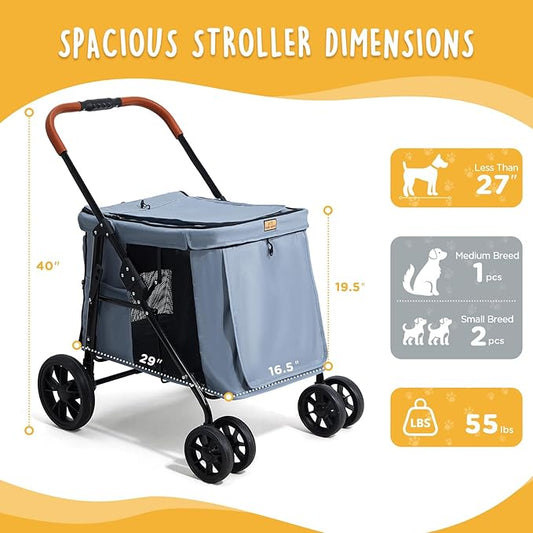 CANINE CANYON Scout Pet Stroller, Heavy Duty Dog Stroller for Small & Medium Dogs, Foldable Pet Stroller with All-Terrain Wheels, Breathable Mesh, Storage Pocket & Cup Holder, 55 lbs Capacity, Grey