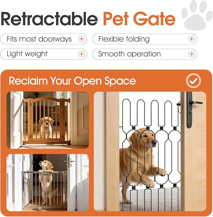 Metal Retractable Dog Gate for Front Door, Adjustable Pet Barrier & Door Blocker, Foldable Gate for Apartments, RVs, Indoor and Outdoor Use, 26” x 30”