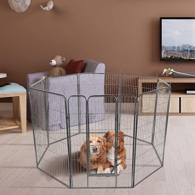 Giantex 48 inch Dog Fence with Door, 16/8 Panels Dog Playpen for Outside Large Dogs, Portable Pet Playpen Fencing Enclosures, Heavy Duty Metal Camping Fences for The Yard (8 Panels, 48 inch)