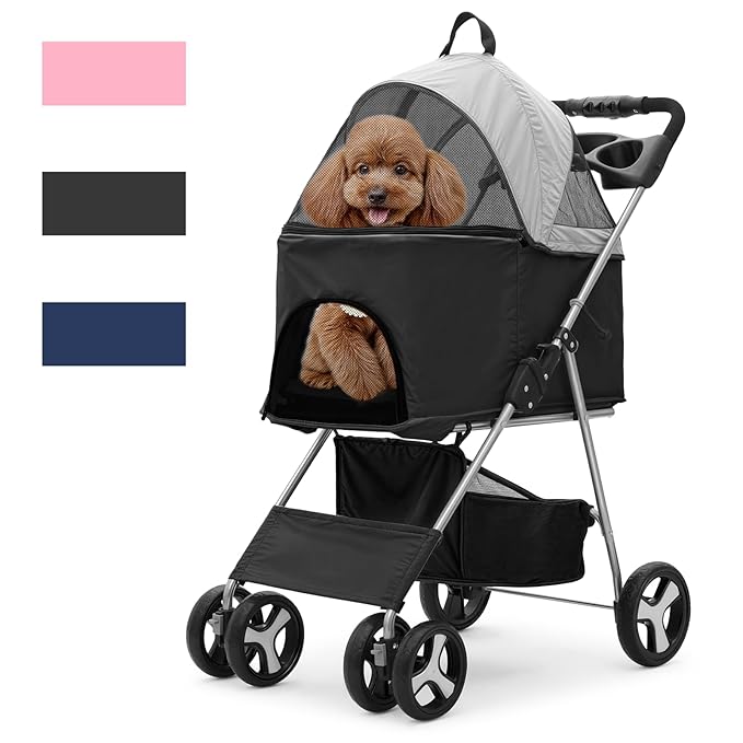 Magshion Foldable Pet Stroller, 3-in-1 Dog Travel Jogger with Detachable Carrier, Cup Holder, Storage Basket, Folding Carrier for Small/Medium Dogs & Cats Up to 33 lbs, Black