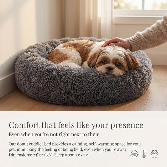 Calming Donut Dogs Beds for Small Dogs Washable,23inch Plush Round Pet Bed for Cozy Sleep,Fluffy Faux Fur Large Cat Bed,Fits up to 25 lbs Pets,Dark Grey