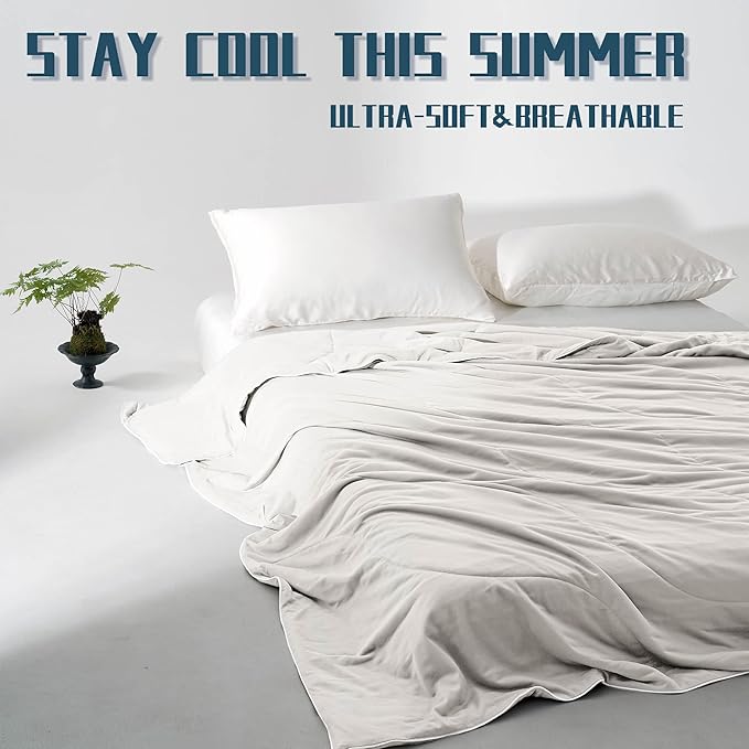 DOWNCOOL Cooling Comforter Queen Size, Cream White Cooling Blanket for Hot Sleeper, Lightweight & Breathable Blanket for Night Sweats,Dual-Side Cooling Summer Bedding,90"X90"