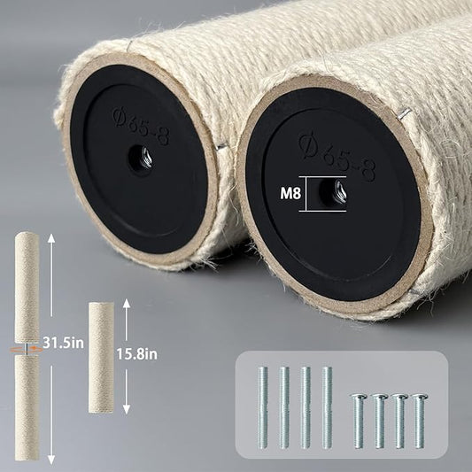 4 Pack Cat Scratching Post Replacement, 15.7 x 3.1 Inch Sisal Poles with M8 Screws, Refill Parts for Indoor Cat Towers and Furniture Repair-White