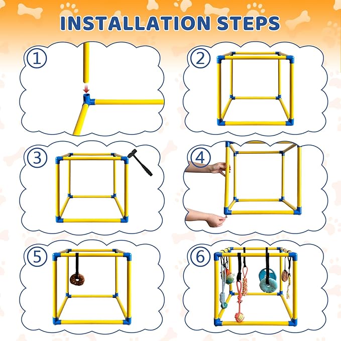 Puppy Play Gym with 8 Hanging Toys Indoor Play Gym Interactive Dog Toys for Boredom Enrichment Activity for Small Dog Teething PVC Frame Stretchy Rope with Velcro (Yellow,19.6 x 19.6 x 19.6 inch)