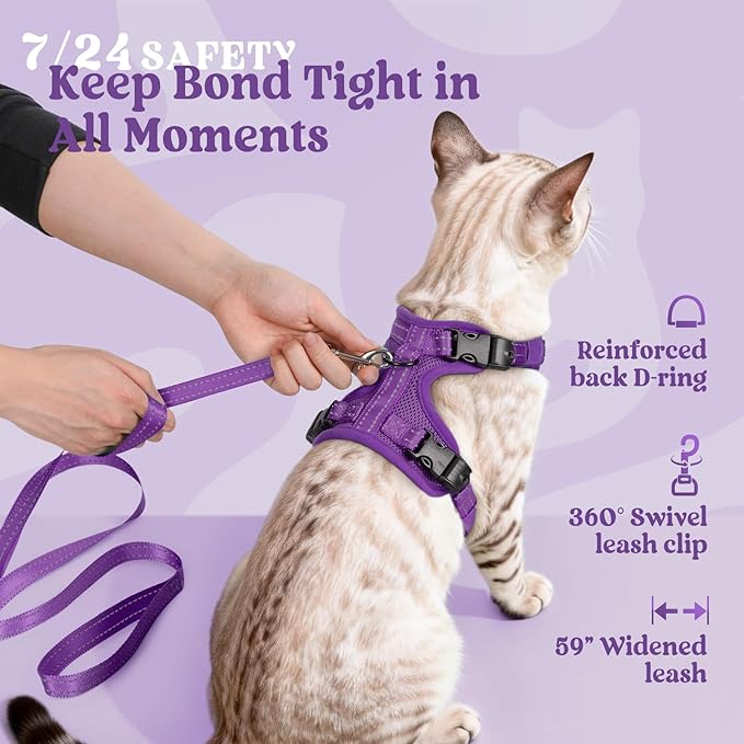 rabbitgoo Cat Harness and Leash, Escape Proof Vest with 3 Adjustable Buckles, Soft Comfortable Kitten Harness, Easy to Wear, Reflective for Safe Outdoor Walking, Small, Purple