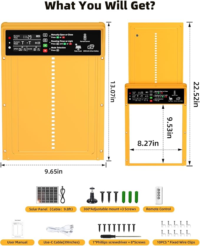 Automatic Chicken Coop Door Solar Powered, Pet Deluxe Chicken Door with Programmable Timer & Light Sensor, Anti-Pinch Safety, 7W Solar Panel, Aluminum Alloy with 10 Wire Clips Solar Chicken Door-Gold