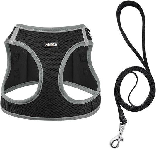 AMTOR Small Dog Harness with Leash Set, No Escape Easy Walk Puppy Harnesses for Training Walking, Step-in Reflective Soft Dogs Vest for XS S Medium Extra-Small Large Sized Dog(M,Black/Grey)