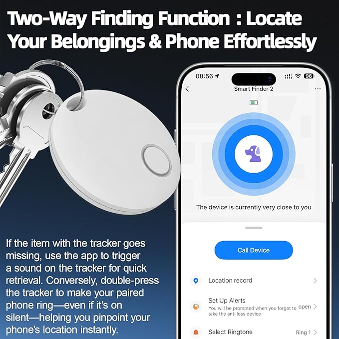 Air Tracker, Key Finder Compatible for Both iOS and Android, Bluetooth Smart Tag with Holder for Keys, Luggage, Suitcases, Pets, Dog Cat Collar, Worldwide Tracking Tag 2 Pack White