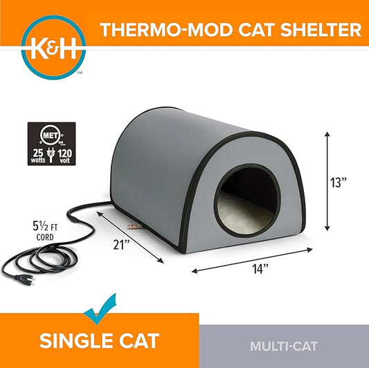 K&H Pet Products Heated Outdoor Cat House for Outside - Thermo Mod Kitty Shelter, Insulated, Waterproof, Heated Floor, Washable Cover, Safety Listed - Small 21 X 14 X 13in Gray 25W