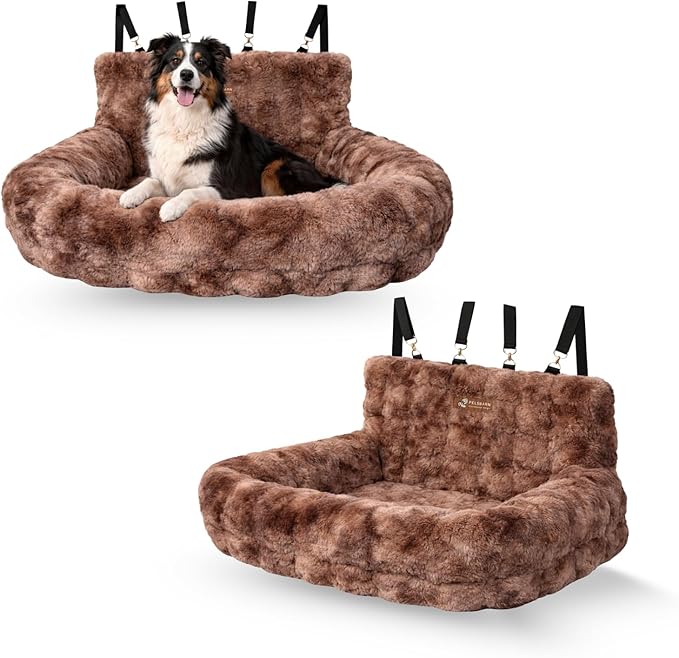 Pelsbarn Luxurious Cozy Car Bed - M/L Luxury Travel Dog Bed with Safety Belt - Ultra Soft Faux Fur - Brown