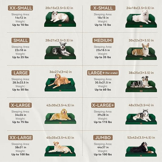 Large Dog Bed Orthopedic Washable - Waterproof Removable Cover - Medium XLarge Big Dogs - Egg Foam Couch - Emerald Dog Beds Bolster with Sides