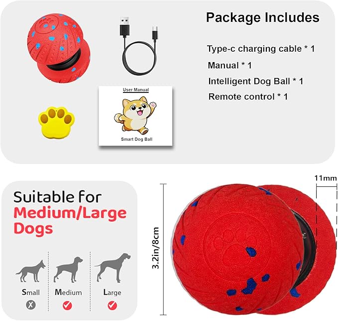 Remotely Controlled Smart Dog Ball: Automatic Bouncing, Vibration and Jumping Action Interactive Toy, Durable Duraspin for Aggressive Chewers, Rechargeable, for Indoor & Outdoor Use Red