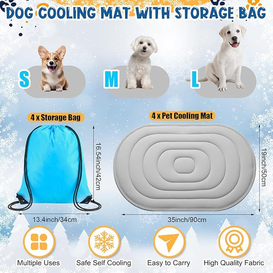 4 Pack 35" x 19" Cooling Mats for Pet Dog with Storage Bags - Reversible Ice Silk & Velvet Pad Washable Summer Comfort for Crate, Bed, Sofa, Car, and Outdoor Use