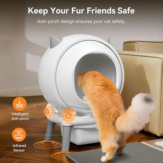 Automatic Cat Litter Box - E2 Self Cleaning Litter Box Smart Robot for Multiple Cats, APP Real-Time Monitor, Weight Monitoring, Safe Anti-Pinch Liners and Mat Included(White)