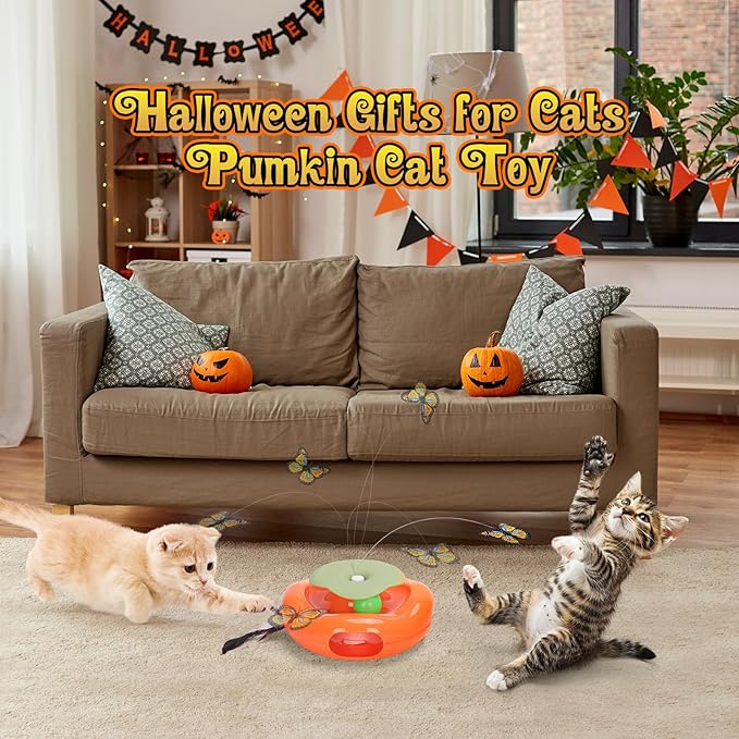 Pawingcat Interactive Cat Toy 3in1 Halloween Cat Toys Pumpkin Whack a Mole Cat Toy with Rotating Butterfly Cat Enrichment Battery Operated