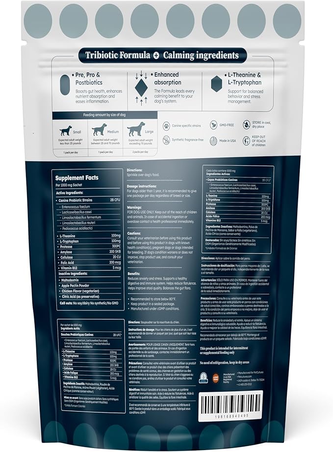 PetCultures Calming Tribiotic Dog Supplement Powder – Supports Stress, L-Tryptophan, L-Theanine, and Gut-Brain Axis Balance - Made in USA (Trial Pack 10-Units)