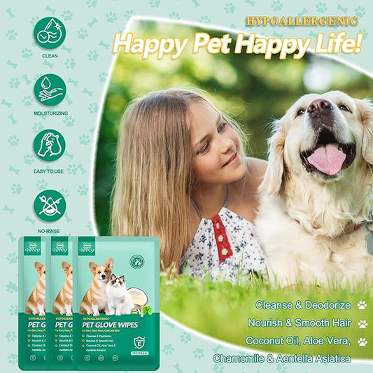 20 PCS Pet Cleaning and Deodorizing Bathing Grooming Glove Wipes for Dogs and Cats, Extra Thick Nourish Fur No-Rinse Grooming Wipes for Daily Care and Travel, Hypoallergenic