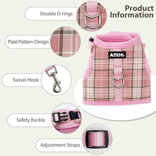 AIITLE Adjustable Bunny Harness & Leash Set - Soft Mesh Liner, Comfort Fit Plaid Pattern Vest with Magic Tape Design, Portable for Small Animal Pets Puppy Cat Rat Squirrel Ferret, Pink L