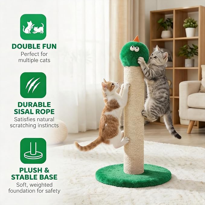 Cat Scratching Post for Small Space, 22'' Scratching Posts for Indoor Cats Adults, Extra Wide 13.4" Stable Base & Natural Sisal, Cute Cat Scratching Post with Short Plush Fabric for Indoor Cats, Green