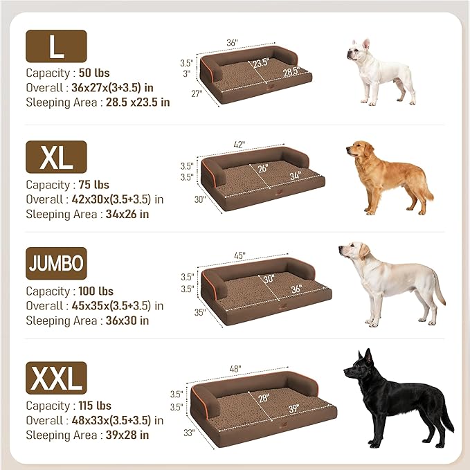 Comfort Expression Dog Bed Large Size Dog - XL Washable Orthopedic Pet Bed Waterproof Pet Couch Memory Foam Sofa Bolster with Removable Cover - 42 x 30