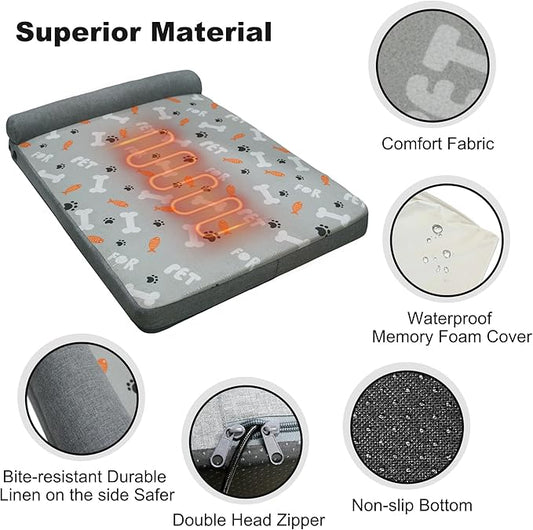 Heated Dog Bed, Electric Oversize Heating Arthritis Orthopedic Dog Bed with Thickened Memory Foam, Heated Pet Bed with Waterproof Cover for Medium Large Dogs, 35"*26.5"*3.5"