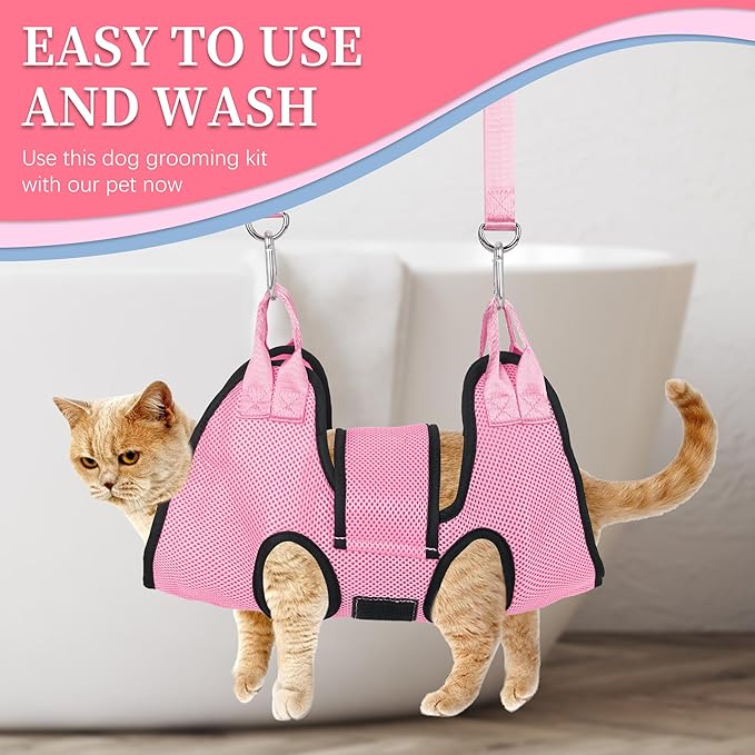 PatiencET Dog Grooming Hammock, Pet Grooming Hammock for Cats & Dogs with Security Strap, Dog Sling for Nail Trimming with Nail Clippers/Trimmer, Nail File, Pet Comb(Pink XS)
