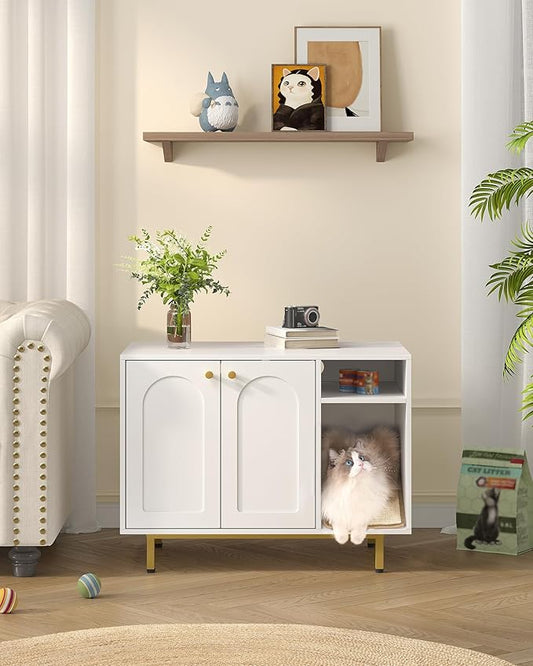 Hzuaneri Cat Litter Box Enclosure Enclosed, Hidden Litter Box Cabinet Furniture with Storage, Wooden Indoor Cat House Large, Modern End Table for Living Room Entryway, White and Gold 01503GCLB