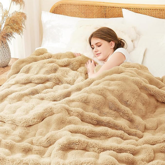 L'AGRATY Faux Rabbit Fur Blanket: 90" x 90" Queen Luxury Soft Fluffy Thick Fur Throw Blanket for Couch Bed - Cozy Plush Bubble Blankets for Winter: Flannel Fleece Decorative Blanket(Milk Tea Brown)