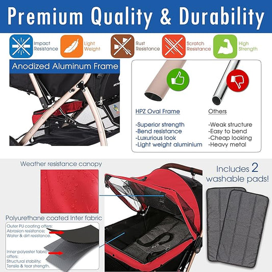 HPZ Pet Rover XL Extra-Long Premium Heavy Duty Dog/Cat/Pet Stroller Travel Carriage with Convertible Compartment/Zipperless Entry/Pump-Free Rubber Tires for Small, Medium, Large Pets (Red 2nd-Gen)