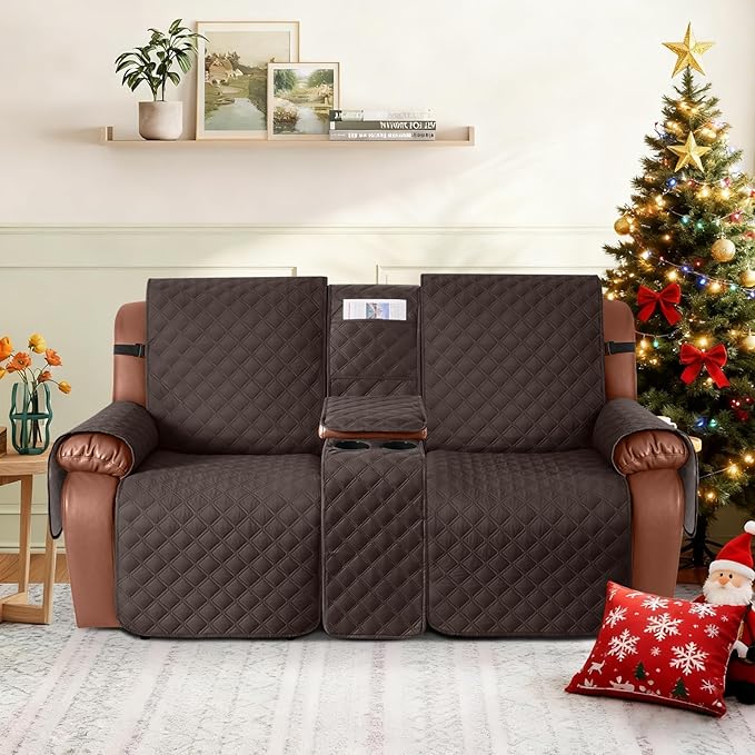 Ruaozz Waterproof Loveseat Recliner Cover with Console Non-Slip Reclining Couch Covers Split Sofa Slipcovers with Elastic Straps for Kids, Dogs, Pets (Chocolate, 2 Seater)